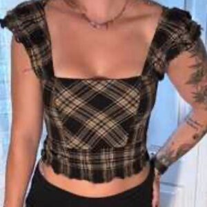 Sum and Sam Plaid Black and Tan Women's Top Small